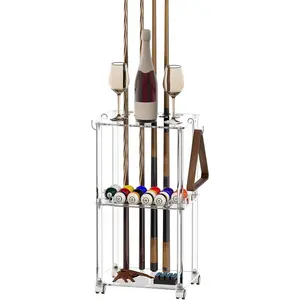 Clear Acrylic Pool Stick Holder with Casters, Holds 10 Cues & 16 Balls, Portable Pool Cue Rack for Billiard Game Room