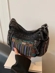 Street style fashionable retro personalized patchwork ethnic style shoulder bag, multi zipper pocket design, casual versatile practical crossbody bag, adjustable shoulder strap, suitable for daily shopping and commuting