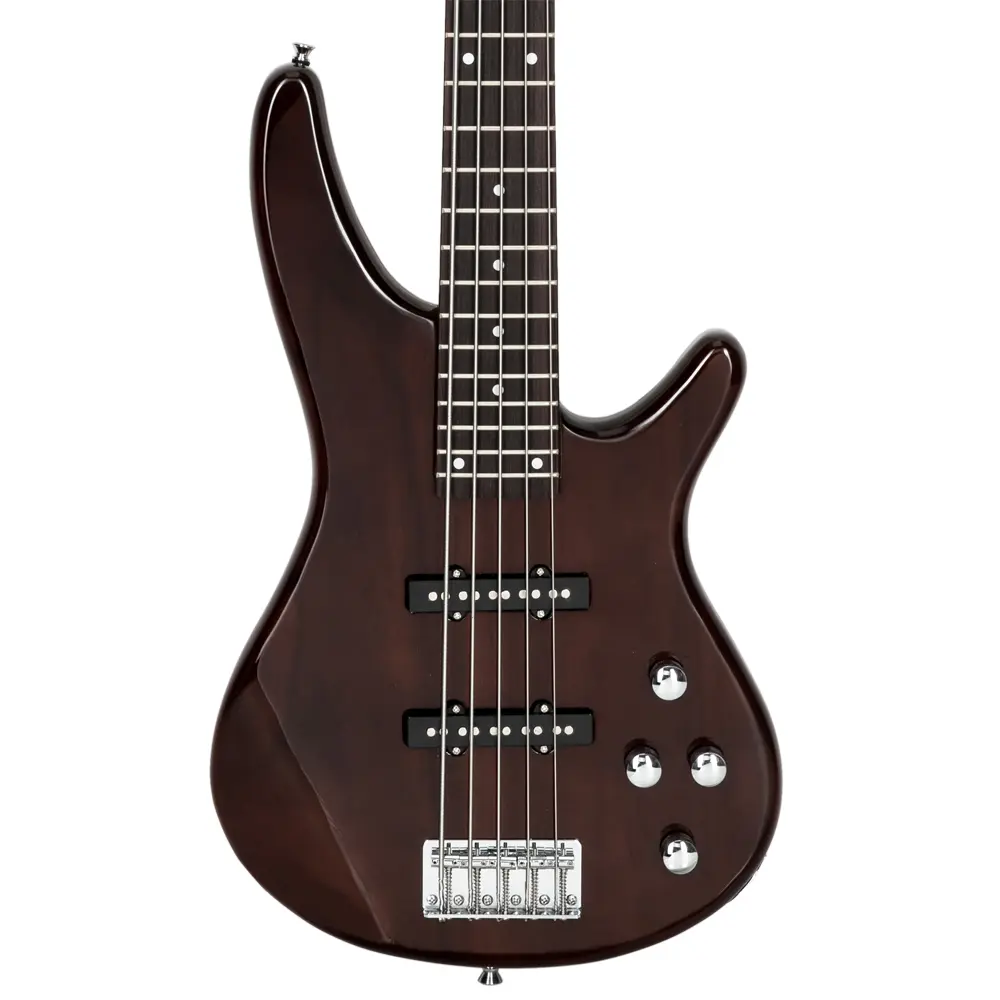 GIB Full Size 5-String Electric Bass Guitar - Earth Brown, Solid Basswood Body, Maple Neck, Adjustable Bridge, 24 Frets, Versatile Tones, Instrument Kit with Gig Bag, Strap, Picks, Cable, Wrench Tool, Bag + Strap Ready Music Gear, Father's Day Gift