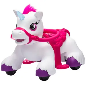 Dual Motor 12V Ride On Unicorn Horse with Foot Pedal Control Smooth PP Wheels Run on Cement Asphalt Floor Up To 50 Mins Play Time for Toddlers Backyard Outdoor Adventure Game