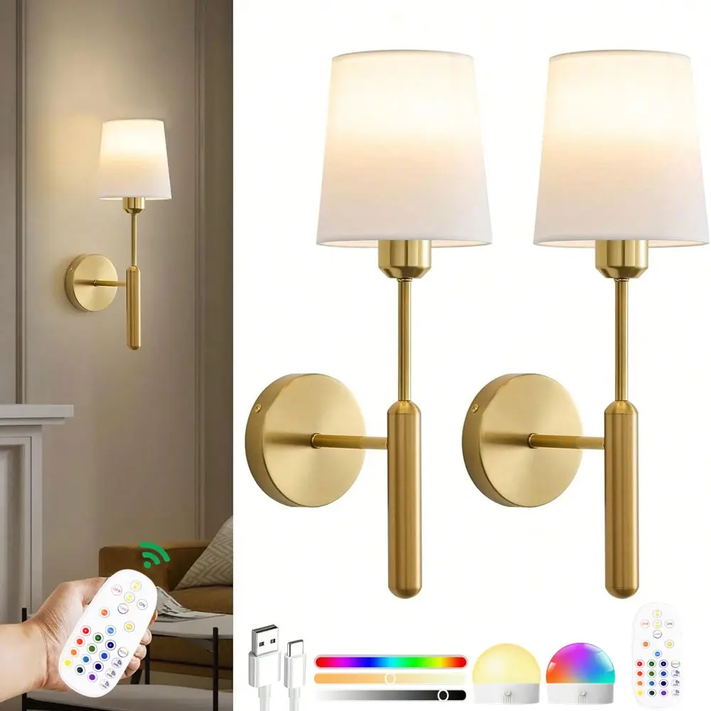 Battery Powered Wall Light, / Rechargeable Wall Lamp Brightness Dimmable Wall Sconce with 2000mah Adjustable Bulb and Remote Controller, 15 Colors Wireless Night Lamp, Home Lighting