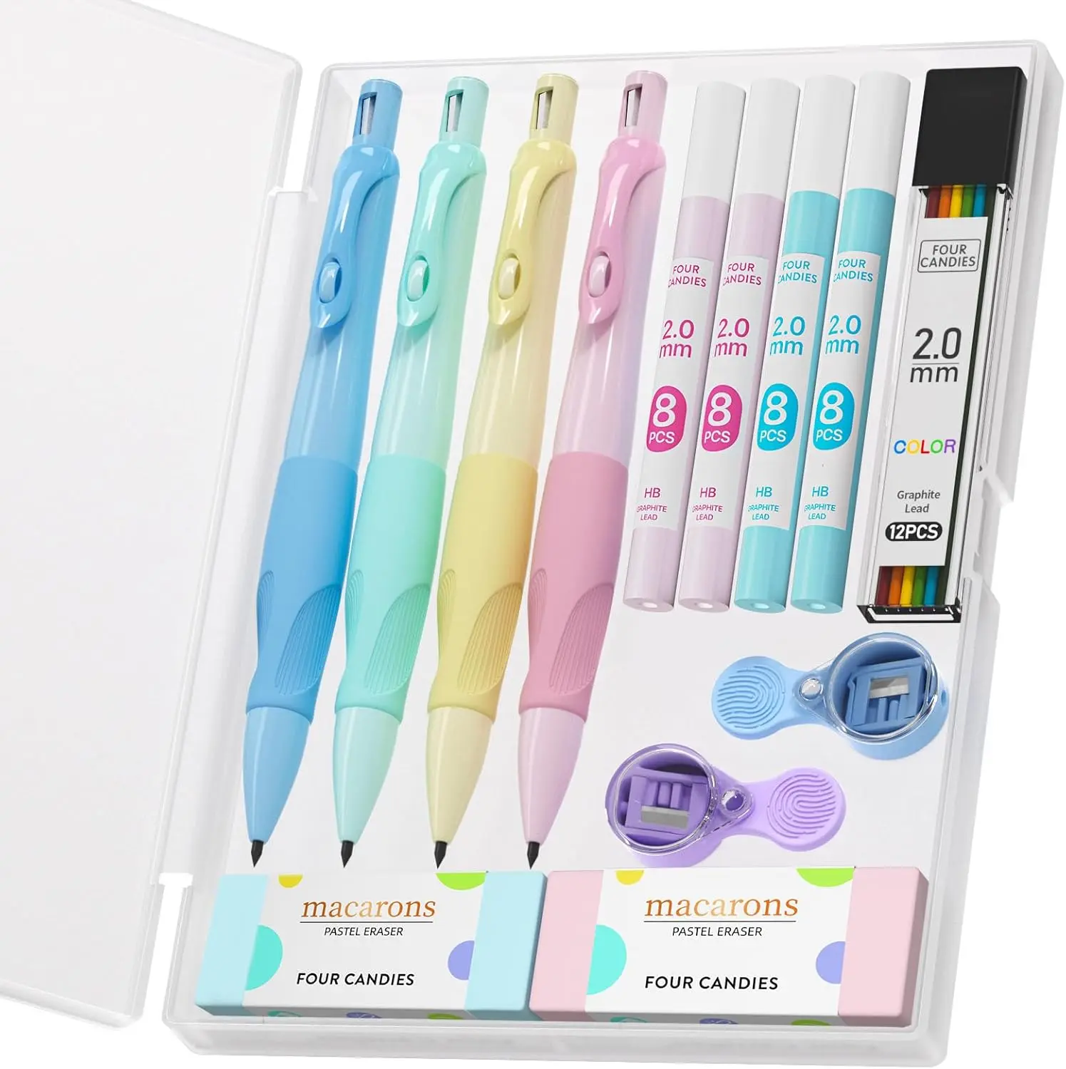 Four Candies 2.0MM Handwriting Pencils for Kids with Comfort Ergonomic Grip, 4PCS Cute Mechanical Pencils with 44PCS Lead Refills, 2PCS Sharpeners/Erasers, Aesthetic School Supplies for Kids Writing
