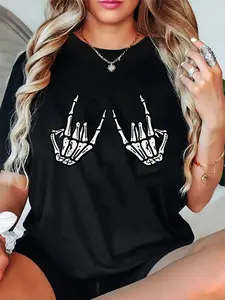 100% Cotton Unisex Rocker Hand Sign Rock Skeleton Retro Halloween Men Women T-Shirt
