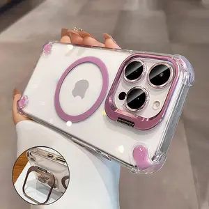 Transparent Magnetic Corner Thickened Shockproof Phone Case with Metal Stand and Lens Film, Compatible with iPhone 17 Pro Max, 1/7 Air, 16/15/14/13/12/11 Pro Series