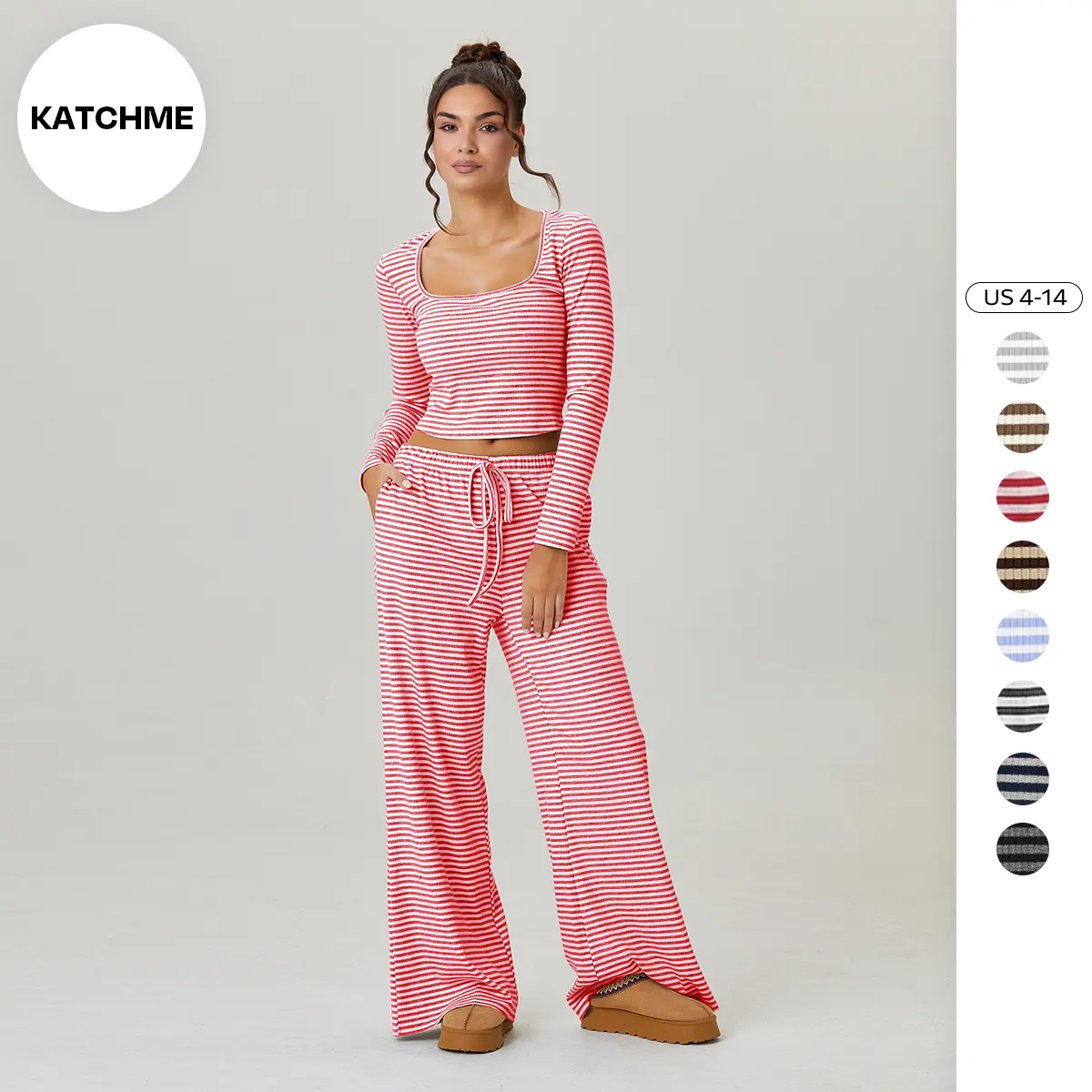 Katch Me Women's Versatile Square Neck Stripe Long Sleeve Crop Top & Low-Rise Wide Leg Trousers Co-ord, Cozy Two Piece Outfits for Fall & Spring