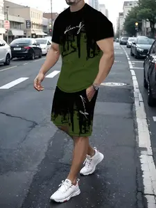 Gradient Graffiti Short Sleeve Set, Man, Street Cool Design, Urban, Casual Fitted Style, All Seasons Wear