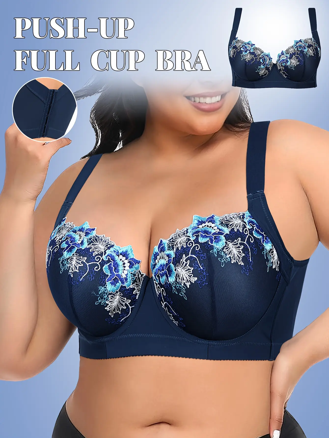 Mimilemon Women's Embroidered Push-Up Bra with Side Support, Wide Straps & Underwire Lift - Romantic Full Cup Style for Birthday & Chinese New Year, Embroidery, Halloween, Romance, Christmas