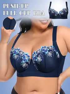 Plus Size push up bra,full coverage minimizer bras for women,Women's  Embroidery Bra,Adjustable Wide Straps Side Support,Back Widening Steel Ring Lift , Soft Comfortable   Navy Blue Style