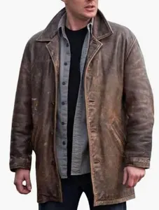 Men's Handmade Distressed Trench Leather Jacket Coat - Jacket Supernatural Brown Leather Jacket Coat for fans of Jensen Ackles Menswear Long Sleeve Trench Coat