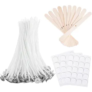 Antunihood Bulk Candle Wicks 100 count with 60 count Candle Wick Stickers and 10 count Wooden Candle Wick Centering Device for Soy Beeswax Candle Making (4inch)