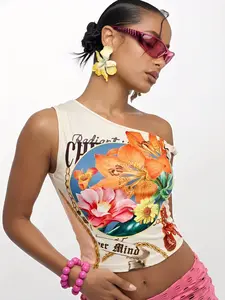 Women's Floral Print One Shoulder Asymmetrical Crop Top 2026 Y2K Slim Fit Stretchy Sleeveless Graphic Tank Top Womenswear Going Out Party Club Summer Casual Outfits Viral TikTok Made Me Buy It