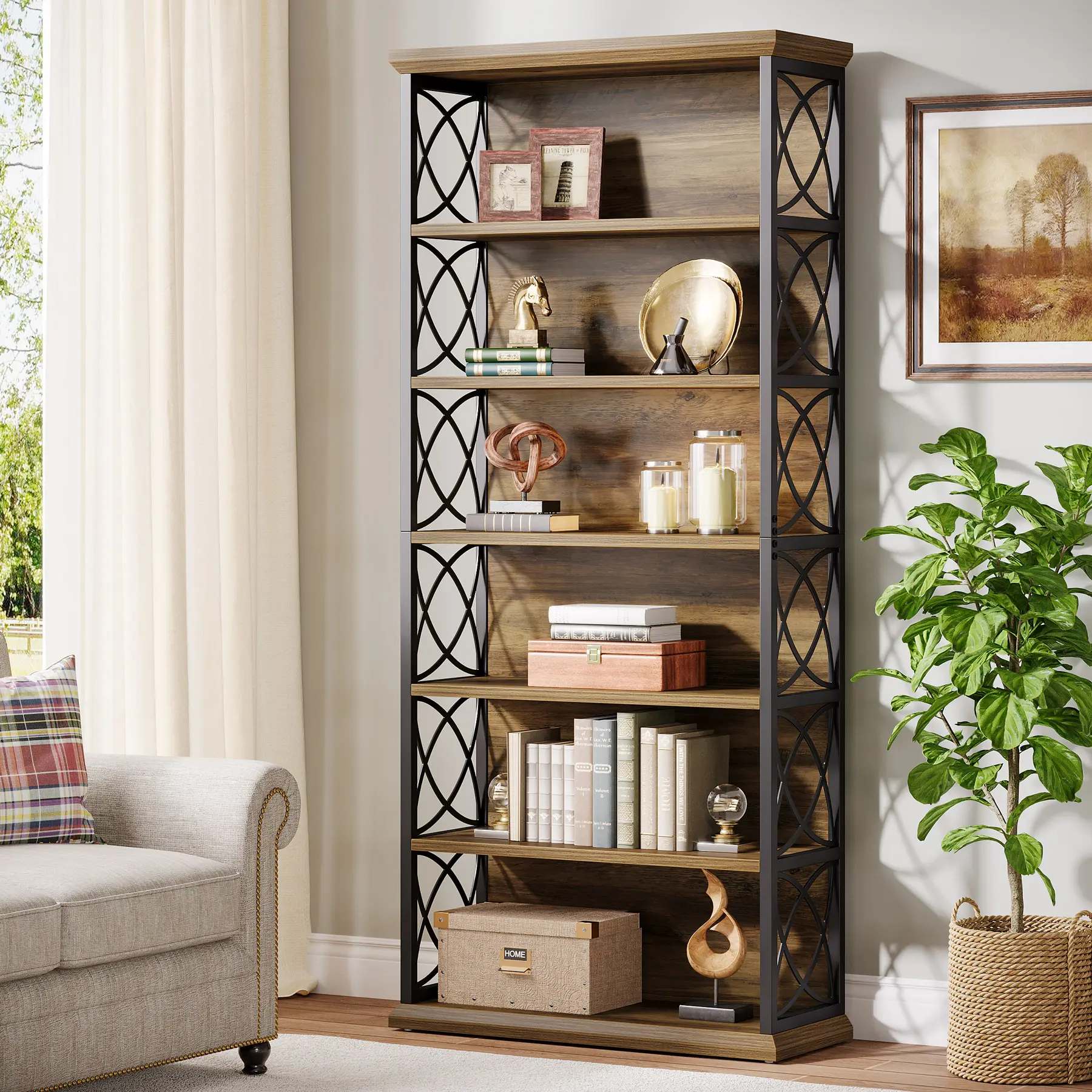 LITTLE TREE 73'' Tall Bookshelf, 6-Tier Industrial Etagere Bookcase with Open Storage Shelves, Wood & Metal Display Shelf for Living Room, Office, Bedroom, Brown & Black