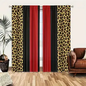 2-piece set of red and black leopard color blocked curtains, Window curtain, Home Decoration Curtain, classic retro style, semi transparent polyester fiber material, pole bag design, suitable for home decor, all year round