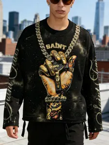 Broken hole trumpet sleeve chain retro long sleeved T-shirt for men, Loose, European and American street fashion brand, 2026 Spring and Autumn new style Christian printed T-shirt, retro