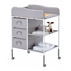 【SummerFinds】VEVOR Baby Changing Table, Portable Diaper Change Station with 3 Fabric Drawers and Lockable Wheels, Adjustable Height Multi-Functional Changing Station Table with Storage Organizer Nursery, Gray