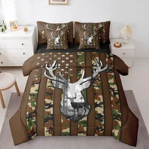 Hunting Deer 7 Piece Bedding Set American Flag Comforter Set with Sheets for Kids Boys Girls Brown Camouflage Bed in a Bag Wild Animal Theme Bed Set Soft Lightweight