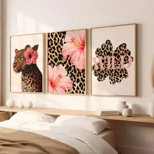 3pcs Vintage Y2K Leopard Print Tropical Hibiscus Flower Pink Cheetah Floral Printed Canvas Print Frameless Poster Hawaii Aloha Animal Art Living Room Home Decoration