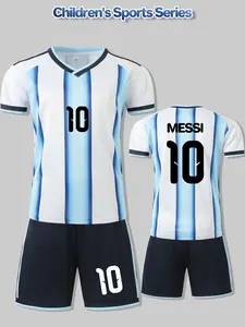V-neck striped Football Kits for boys, name MESSI, number 10, new children's jersey, student competition team training sportswear, comfortable, breathable, heat-dissipating, quick-drying two-piece set including top and shorts