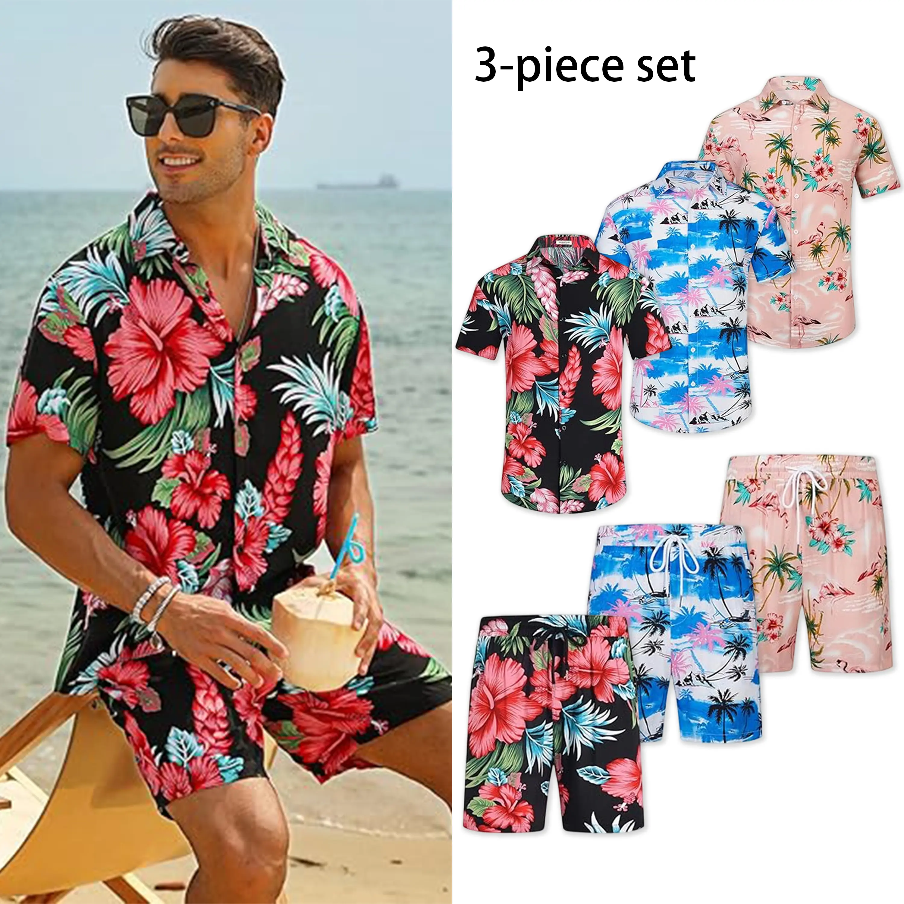 Men's 2-Piece Short-Sleeve Hawaiian Beach-Ready Set, V-Neck Button-Down Shirt with Tropical Floral Palm Leaf Flamingo Print + Shorts, Breathable Lightweight Vacation Resort Casual Wear, 2XS-6XL Menswear, Shortsleeve, Matched Shirt+Short