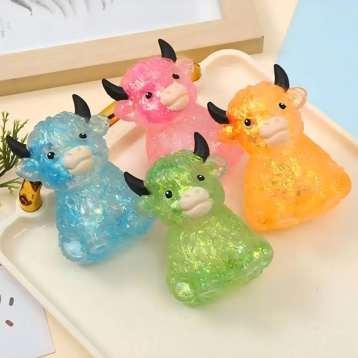 4 Pack Highland Cow Squishy, Mini Cute Animal Decompression Squeeze Toy for Adults, Slow Rising Sensory Fidget Stress Ball for Anxiety Relief, Easter Basket Stuffer Party Favor Gift for Cow Lover and Animal Lovers