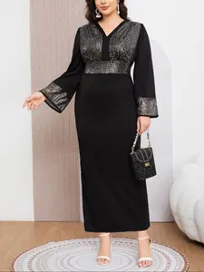 Plus Size V Neck Sequin Dress, Fall Winter Office Wear, Elegant Bodycon Evening Gown, Perfect for Parties & Social Events