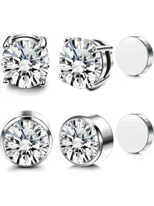 2 Pairs 6-8mm Pretty Studs Magnetic Clip On Stud Earrings Non Piercing Stainless Steel Zircon Earrings for Men Women Round Stud Hypoallergenic High Quality Earrings Jewellery Earrings Jewelry Magnetic Earrings Set