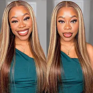 CurlyMe Wear Go Straight Hair Pre-cut Lace Frontal Glueless Wig with Highlights #4/27 Pre-plucked Human Hair Wig