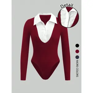 Women's fashionable button neck long sleeved solid color slim fit jumpsuit, suitable for casual and formal wearRAIMENTRY