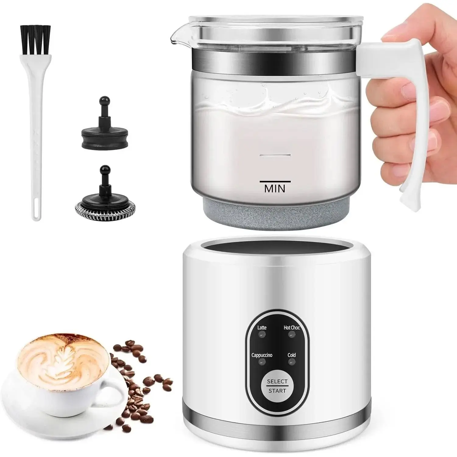 Electric Milk Frother and Steamer - 4-in-1 Handheld Foamer with 16.9oz Dishwasher-Safe Glass Cup, Milk Warmer for Latte, Cappuccino, Milk Frother Handheld