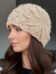 Vintage Floral Crochet Hat, Elegant Women's Knit Cap, Hollow Out Breathable Design, Fashion Accessory for All Seasons, Knitting Beanie