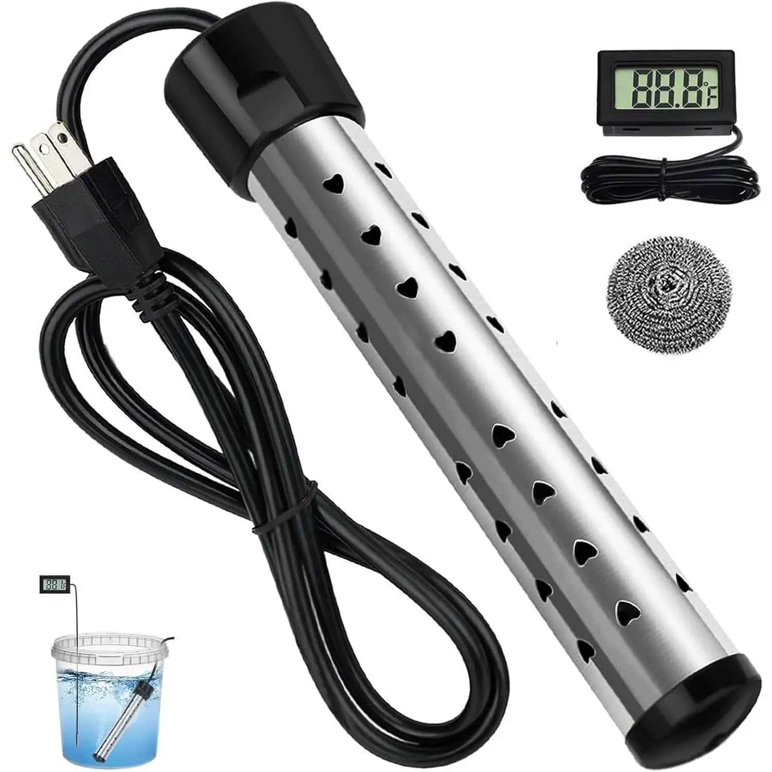 Swiilpo 2000W Immersion Heater, Portable Electric Water Heater Fast Heating for Buckets Bathtubs, Submersible Water Heater with LCD Thermometer 304 SS Guard, 5 Gallons of Water in Minutes,By Traiisutor