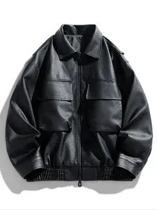 Men's Solid Color Drop Shoulder Super Loose Classic Casual Leather Jacket, Single Piece, Stylish Outerwear for Everyday Wear