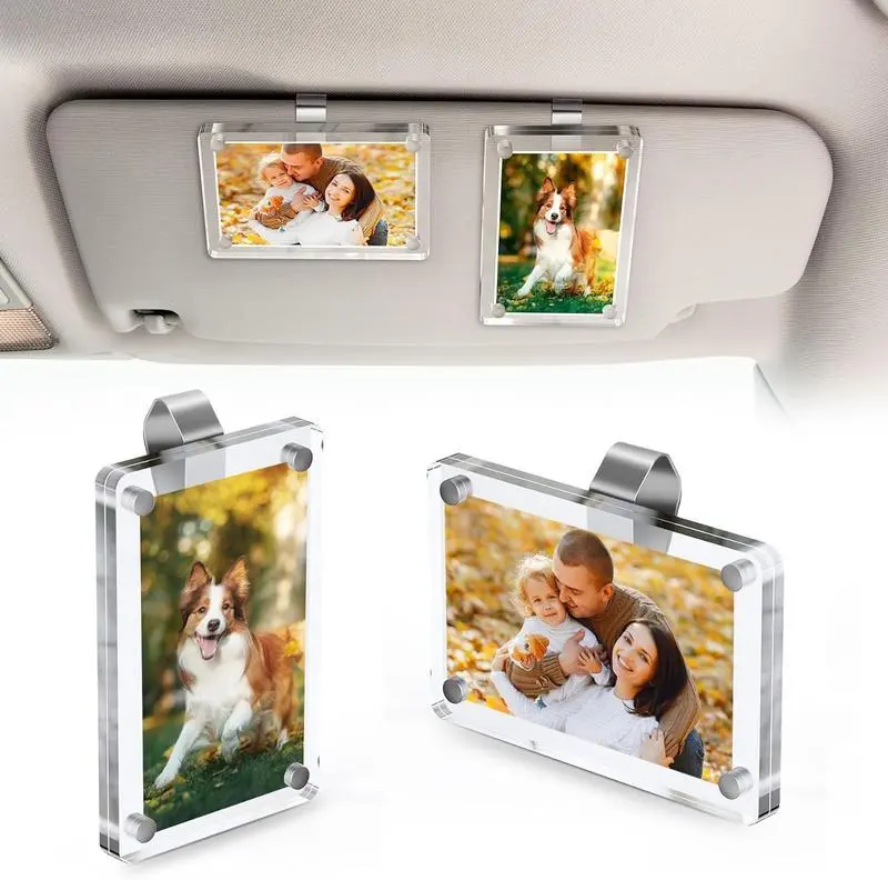 Magnetic Car Visor Photo Frame, Clear Acrylic Picture Holder for 3.5 x 2.3 in Photos, Cute Car Interior Accessory, Personalized Gift for Couples, Family and Pet Memories