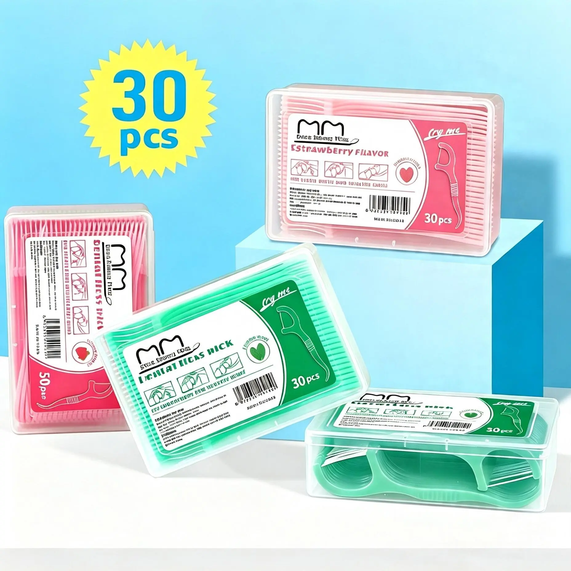 2 boxes of strawberry mint flavored dental floss, disposable oral care dental floss cleaning stick, 30 sticks per box