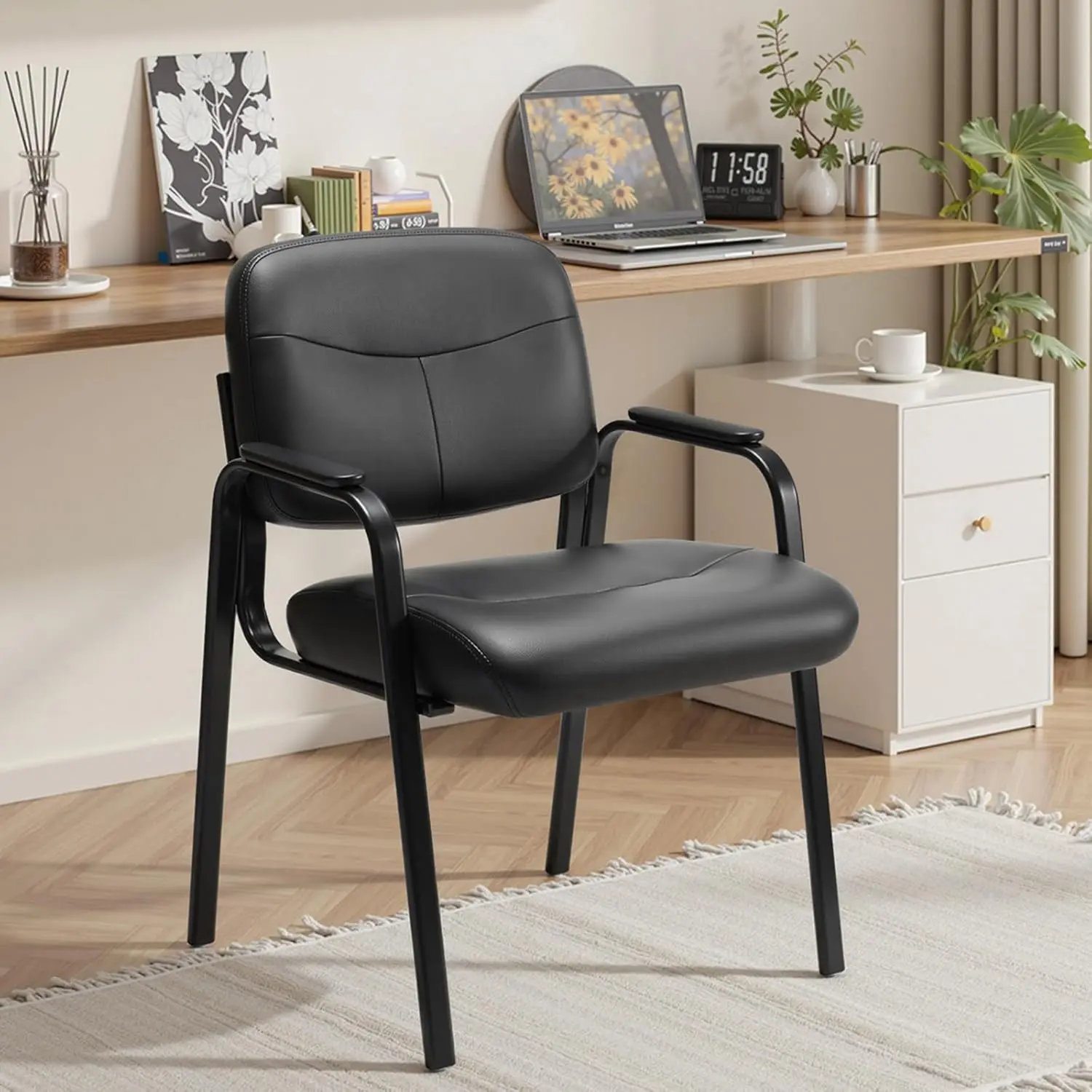 Waiting Room Chair, Leather Stationary Office Guest Reception Chairs No Wheel,Comfy Padded Arms,for Conference Room Lobby Side breakroom