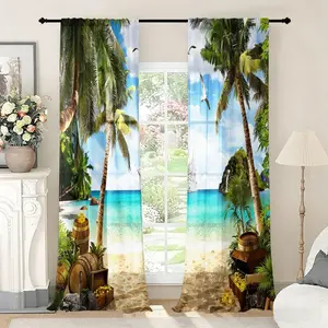 2 pieces of high-definition digital beach and sea view printed curtains, Sheer printed curtains, semi-transparent privacy protection, fade-resistant, hand/machine washable, suitable for home decoration
