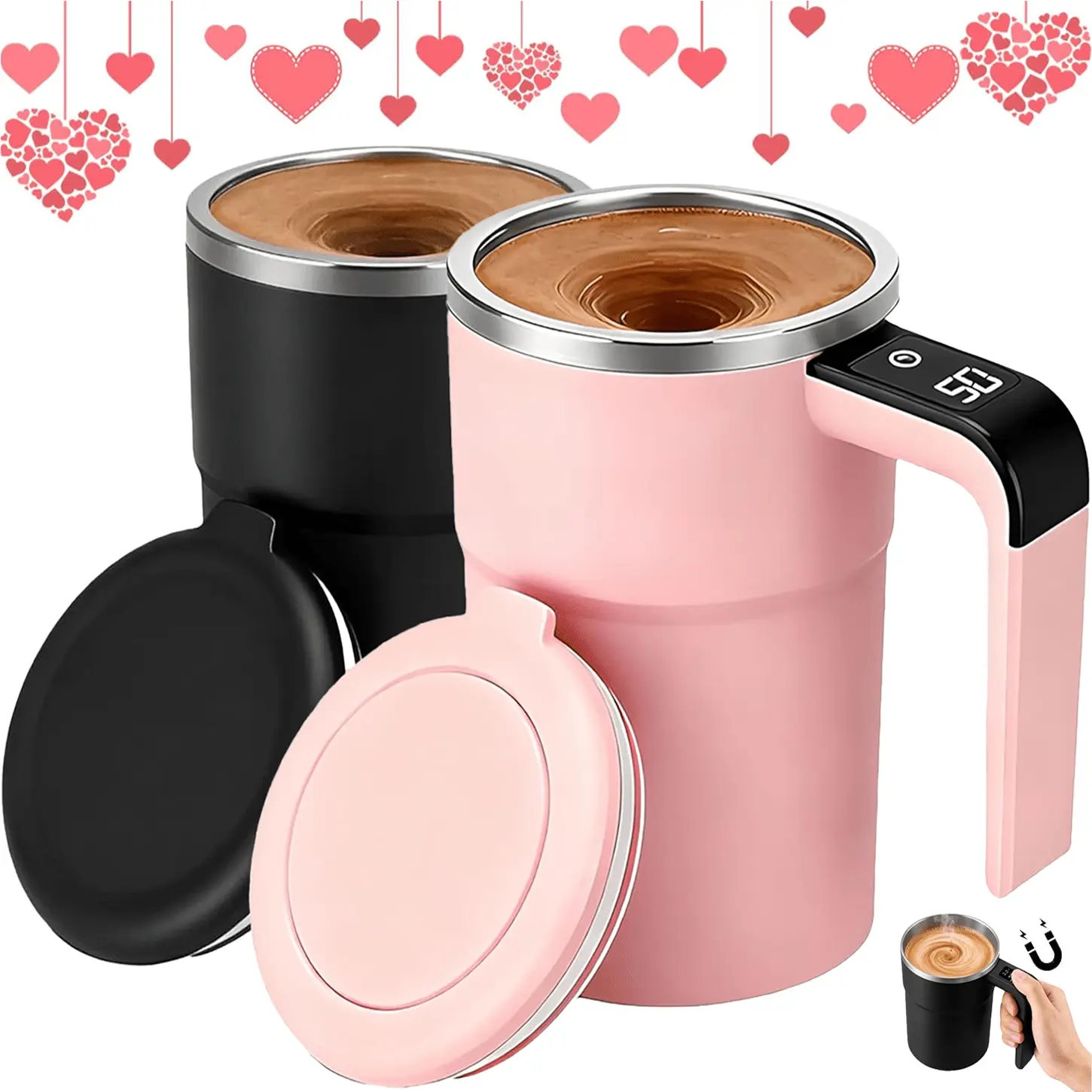 2-Pack Rechargeable Self-Stirring Coffee Mugs, Magnetic Mixing Cups with Stainless Steel Tumblers, Couples Gift Set for Anniversary & Wedding
