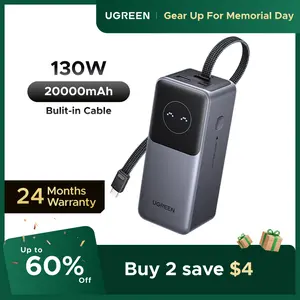 UGREEN Nexode Power Bank 20000mAh 130W Portable Charger Built-in USB C Cable, Pack with TFT Smart Display for MacBook/iPad/iPhone 17 16/Samsung S24 and More ,tiktokshopmemorialday