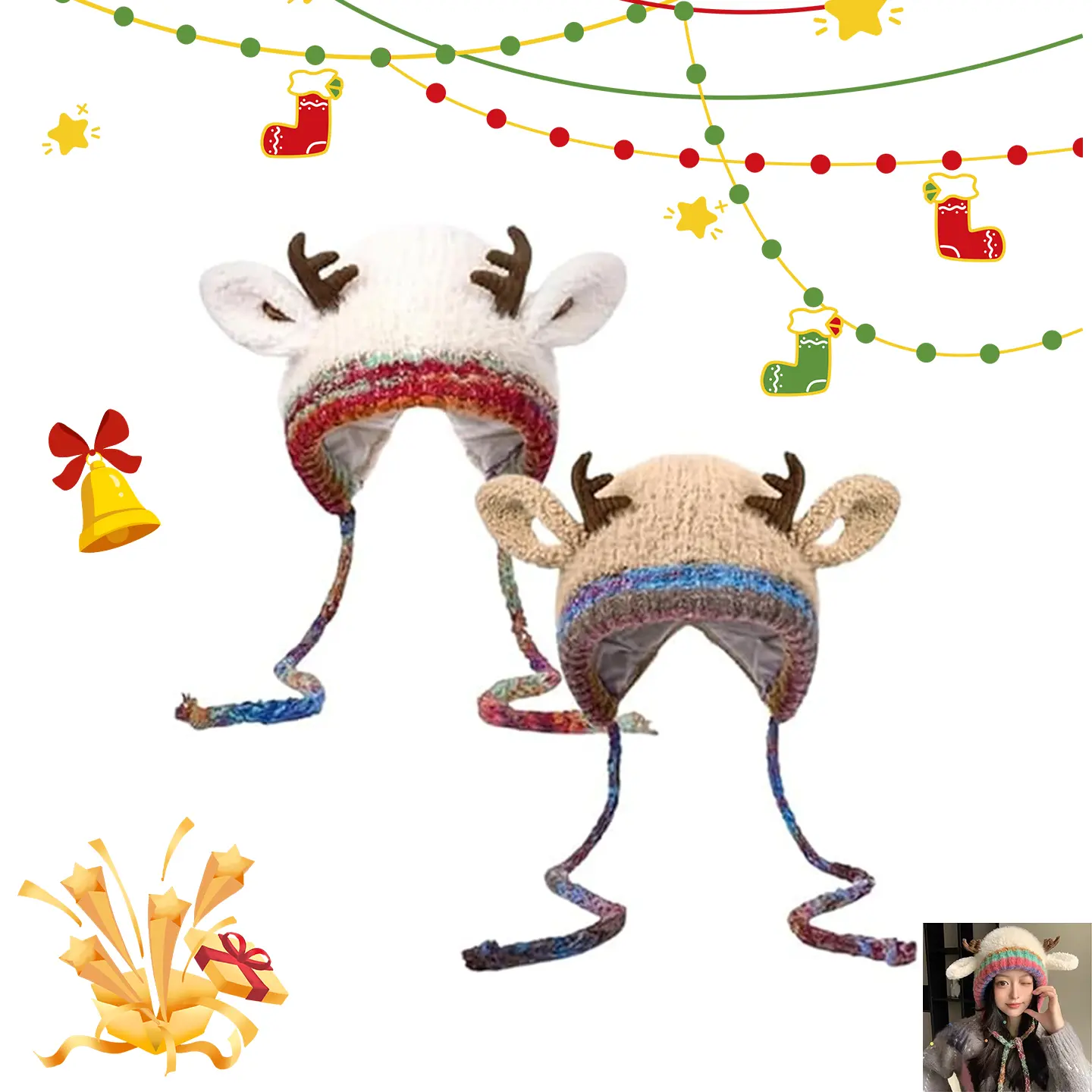 Christmas Reindeer Antler 2-in-1 Knitted Beanie Headband with Bag, Windproof Foldable Accessory for Holiday Parties