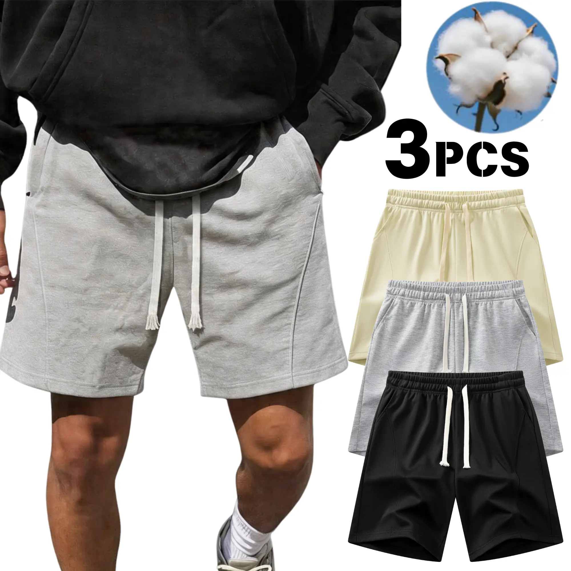 Men's Cotton Plain 3-Pack Athletic Shorts - Adjustable Cinch Drawstring Waist, Loose Lightweight Fit, Breathable Skin-Friendly Fabric, Ideal for Everyday Outings, Light Workouts (Color-Mixed Options), Adjustable Men's Shorts, Cinch Men's Shorts
