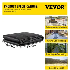 VEVOR Geotextile Fabric, 12.5 x 30 ft 3.5oz Woven PP Driveway Drain Cloth with 600lbs Tensile Strength, Heavy Duty Underlayment for Soil Stabilization, Landscaping, Weed Barrier, 12.5FT30FT-3.5OZ, Bla