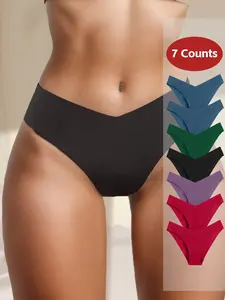 Women's Low Waist Underwear Set, V-Neck Ice Silk Seamless Panties, Casual Fitted Plain Design, Suitable for All Seasons, Seamless Knicker