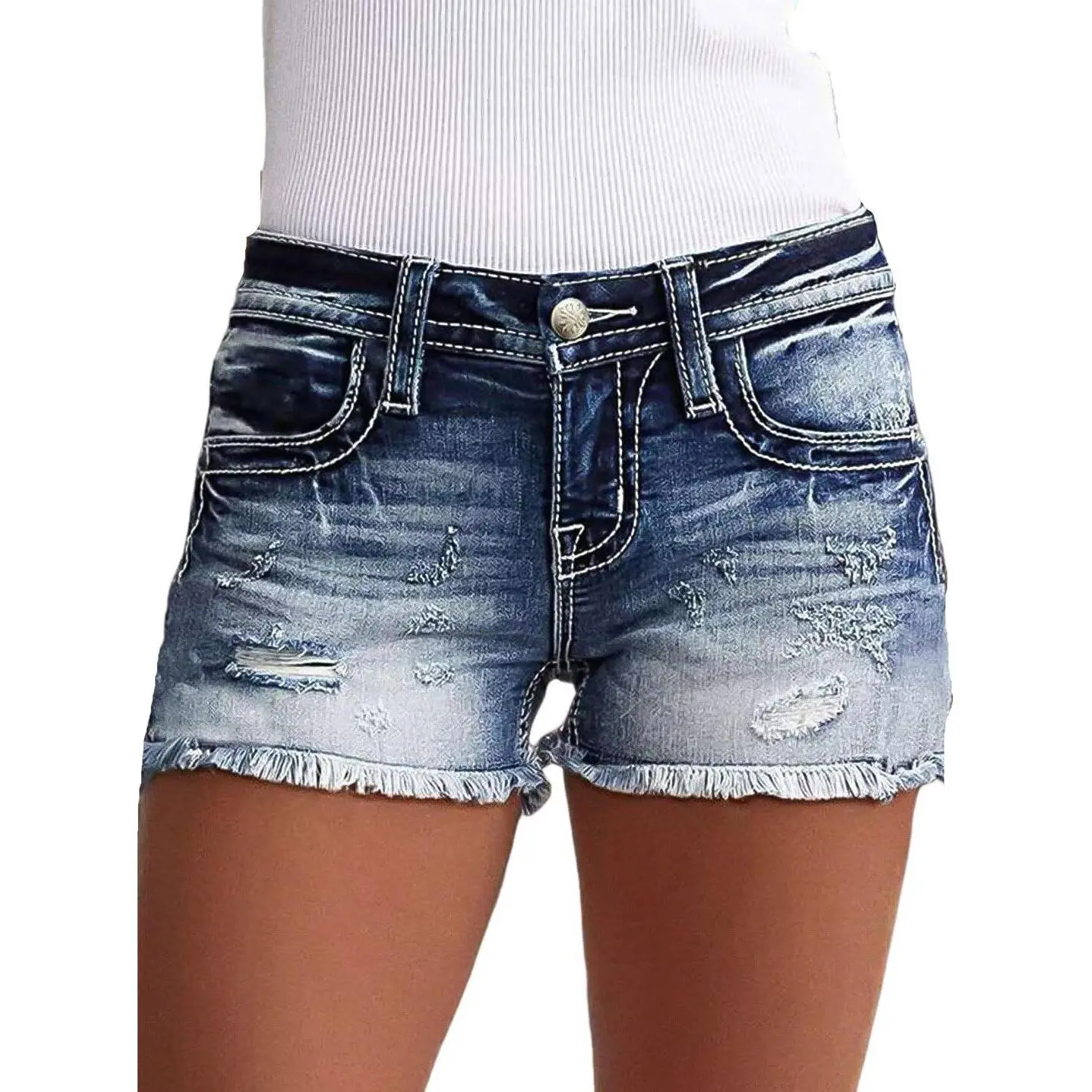 Women's Vintage Retro Chic Preppy Denim Shorts - Mid-Waist, Distressed Ripped Style, Frayed Tassel Hem, Flattering Fit for Summer Beach Wear (Women's Clothes), Everyday, Piece, Pockets, Button, Blouse, Party, Jean Shorts, Crop, Casual, Plain Fade, Retro R