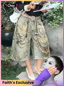 Women's Handmade Vintage Acid Wash Denim Jorts, Boho Lace Patch Pearl Chain Embellished, Baggy Wide Leg Shorts for Coachella