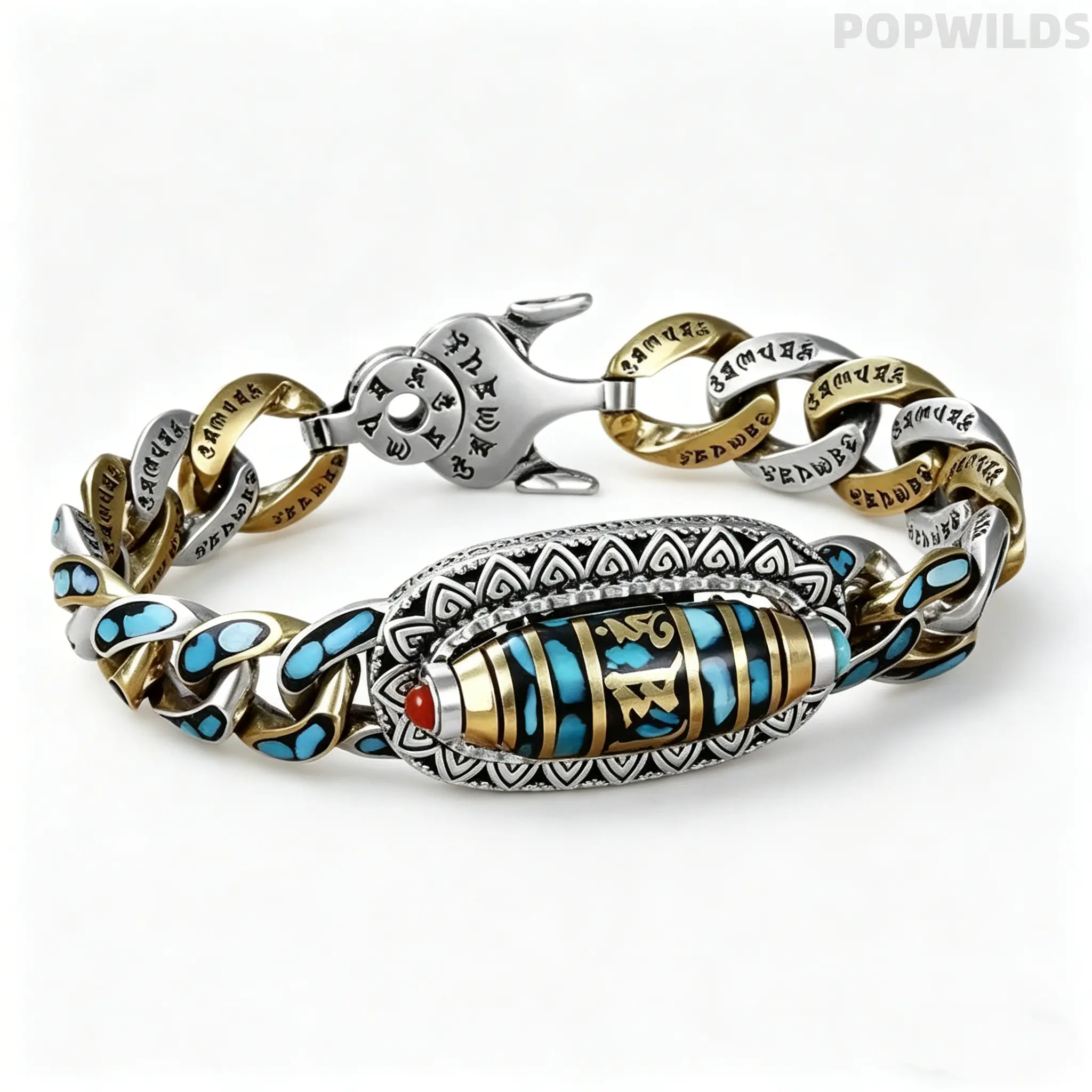 Premium turquoise nine-eye dzi bead silver bracelet carved with six-syllable mantra. Stylish trendy design suitable for both men and women. Unique personalized ornament, elegant retro charm, exquisite daily wrist accessory for outfit matching