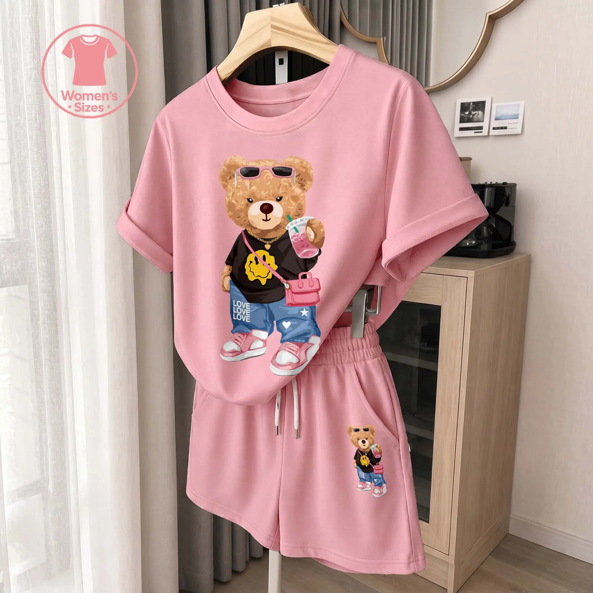 Women's Cute Bear Graphic Short Sleeve T-Shirt And Shorts Set, Casual Summer Two-Piece Outfit With Crew Neck Top And Drawstring Waist Shorts For Daily Wear