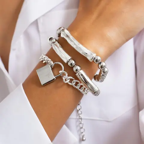 Fashion Lock Design, Casual Beaded & Alloy Chain Bracelet for Women & Men, Trendy All-match & Exquisite Jewelry for Birthday Gift