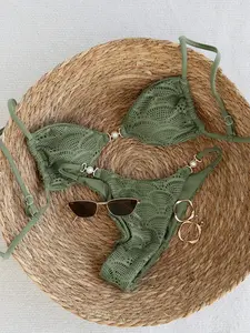 SHISUINA 2026 Spring/Summer Green Grid + Polyester Adjustable Side High-Cut Bikini Set For Women Sweet Vacation Bikini With Charm Boho