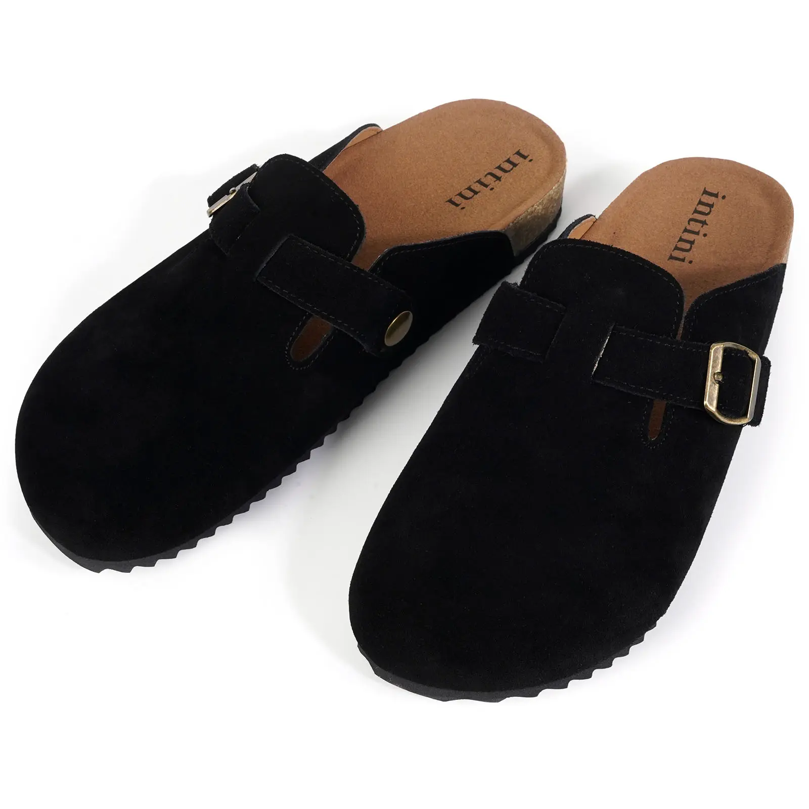 Intini Women's Adjustable Buckle Faux Suede Cork Footbed Footwear - Soft, Faux Fur-Lined, Breathable Lightweight Clogs, Arch Support, Casual Shoes Clogs, Streetwear Walking Shoes, Black, Genuine Suede, Eva Mules, Round Toe, Cuban, Plain, Lightweight Eva,,
