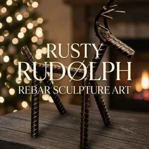 Rusty Rudolph Rebar Reindeer Holiday Sculpture Handcrafted Industrial Charm with Red Ribbon Festive Decor for Rustic Cabins Modern Lofts or Farmhouse Settings